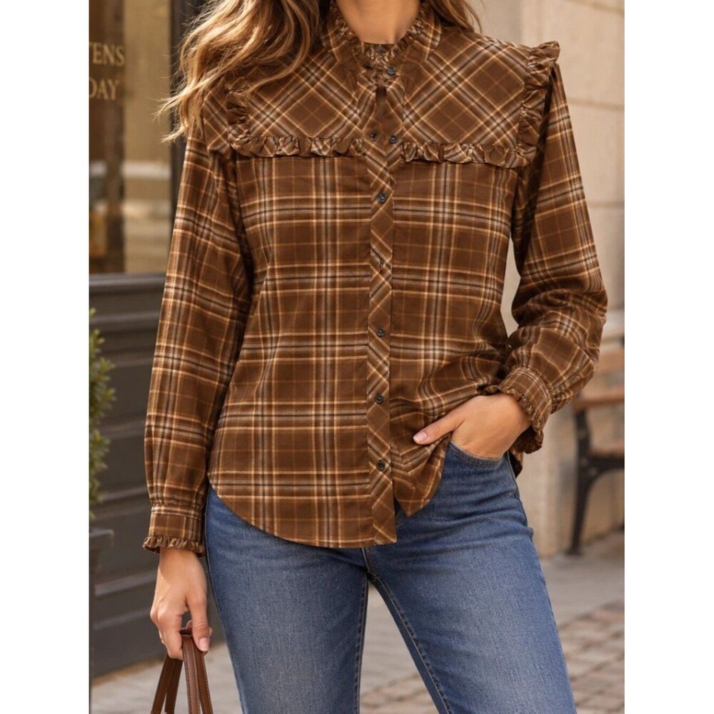 Nili Lotan Celina Blouse Shirt Top Ruffle Plaid Print Long Sleeves S 290574